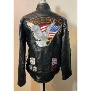 Vtg Diamond Plate Buffalo Leather Motorcycle Jacket Patches Black Large